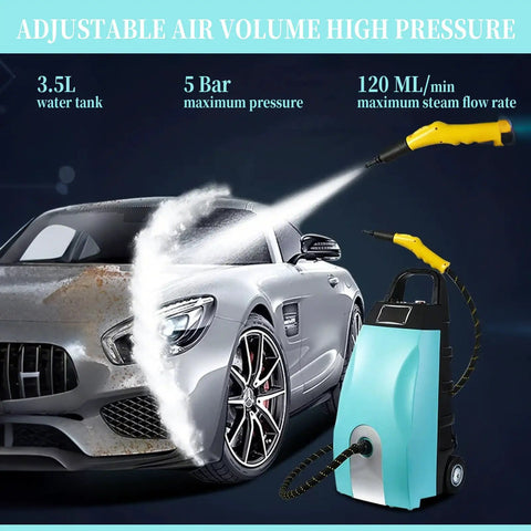 Heavy Duty Industrial Steam Cleaner For Home And Car Use cleaning a car with 3.5L tank and 5 Bar pressure providing steam power.