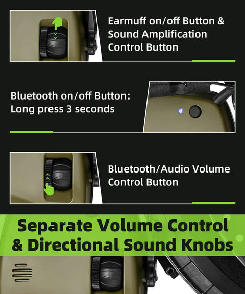 035 Bluetooth 5.4 Shooting Ear Protection Earmuff With Active Noise Canceling And Sound Amplification For Hunting And Range Wireless Tactical Headset In Green showing control buttons for on/off and volume