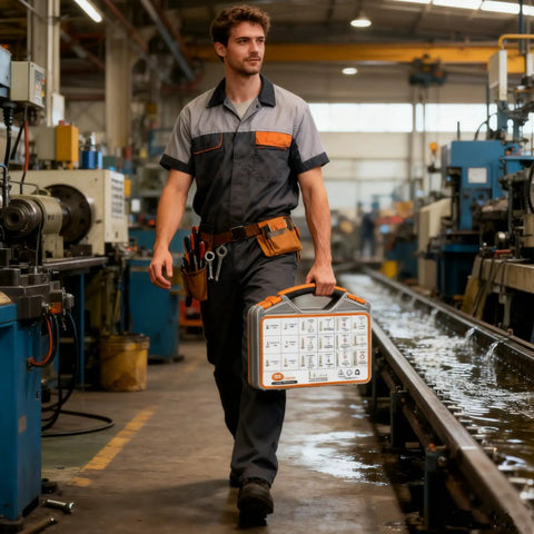 Man in work attire carrying Tough As Nails Heavy Duty Assorted Hex Nut And Bolt Kit Packed With 626 Pieces Grade 8.8 High Tensile Steel.