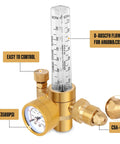 BOWELD MIG/TIG gas regulator with vertical flow meter for Argon/CO2 welding, brass finish, CGA-580