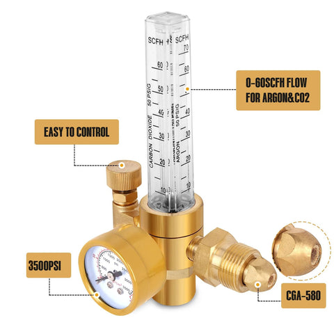 BOWELD MIG/TIG gas regulator with vertical flow meter for Argon/CO2 welding, brass finish, CGA-580