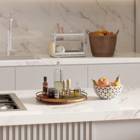 TIDITA 16-inch acacia wood lazy Susan on a metal frame; rotating countertop serving tray with bottles.