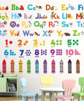 Animal Alphabet And Numbers Wall Decals Set For Kids Rooms Classroom Decor Peel And Stick Removable Letters ABC Educational Nursery Bedroom Playroom Decor Ideas displayed on a wall above colorful furniture.