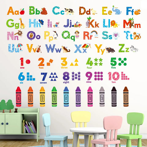 Animal Alphabet And Numbers Wall Decals Set For Kids Rooms Classroom Decor Peel And Stick Removable Letters ABC Educational Nursery Bedroom Playroom Decor Ideas displayed on a wall above colorful furniture.