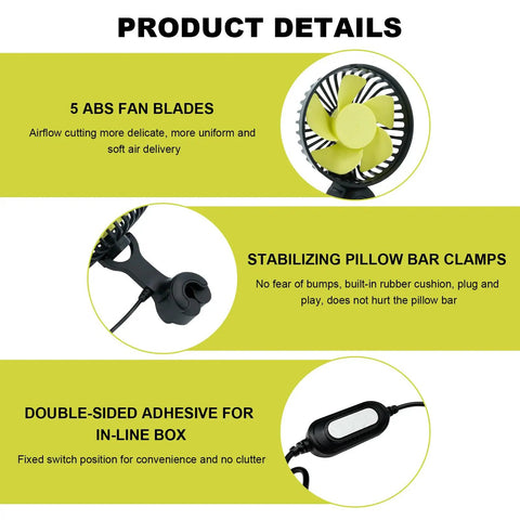 Close-up of Two Pack Usb Car Seat Fans For A Chill Backseat Vibe With 360 Degree Rotatable Rear Cooling Blower and Three Adjustable Speeds.