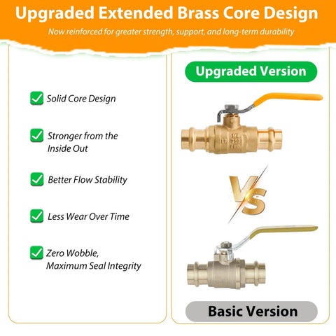 Two 1/2-inch lead-free brass ball valves in a 2-pack; upgraded orange lever vs basic green lever designs.