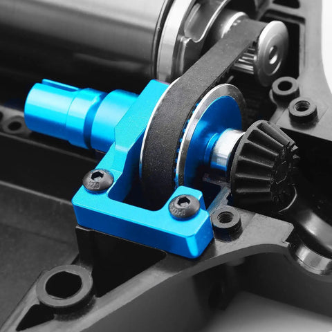 Close-up of TT02 Belt Drive RC Car Transmission Gear System with 40T and 16T aluminum pulleys in blue for Tamiya 1/10 RC car.