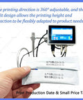 Heavy Duty Industrial Inkjet Printer With 4.3 Inch Touchscreen positioned over printed labels, showcasing adjustable printing direction.