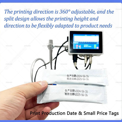 Heavy Duty Industrial Inkjet Printer With 4.3 Inch Touchscreen positioned over printed labels, showcasing adjustable printing direction.