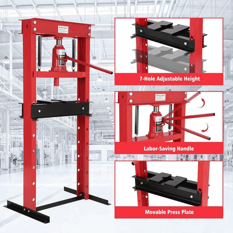 Beefy 20 Ton H Frame Hydraulic Shop Press With Adjustable Table Height For Metalworking And Auto Repair, Heavy Duty Garage Floor Press Tool shown in workshop with close-ups of features.