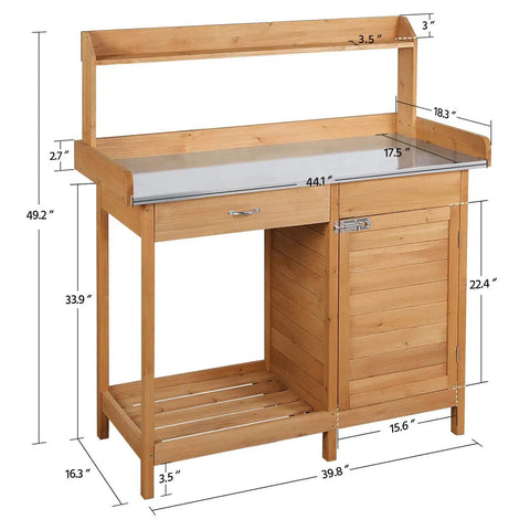Outdoor Garden Potting Bench With Wood Tabletop And Open Shelf Cabinet Drawer Dope Fir Wood Workstation