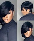 Short Pixie Cut Wig for Black Women With Bangs, Layered Virgin Human Hair, Side Part, Glueless Wear-and-Go, Full Machine-Made Wig, Effortless Chic Style, Tangle-Free and Soft, front and side views