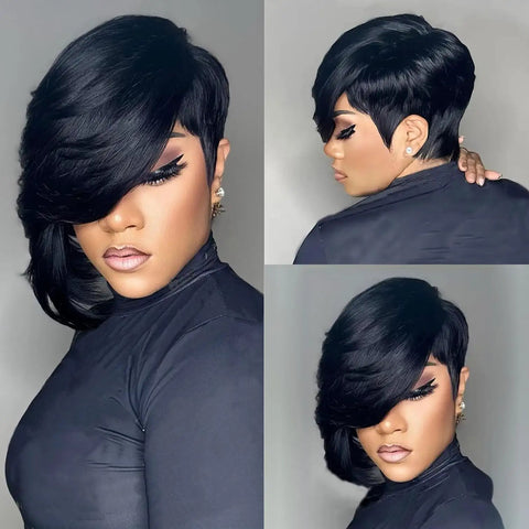 Short Pixie Cut Wig for Black Women With Bangs, Layered Virgin Human Hair, Side Part, Glueless Wear-and-Go, Full Machine-Made Wig, Effortless Chic Style, Tangle-Free and Soft, front and side views