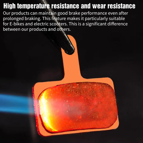 Close-up of a glowing sintered metal MTB brake pad showing high temperature resistance for Four Pairs Of Sintered Metal MTB Brake Pads For E Bikes And Scooters Durable Replacement Pads With Strong Stopping Power Compatible With TRP Tektro Shimano MT200 M355 M446 M315 M365.
