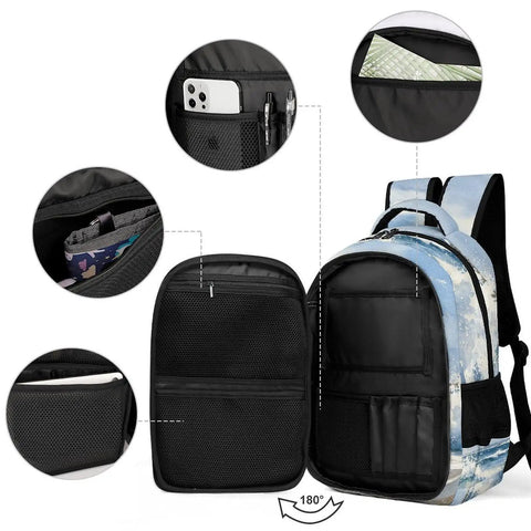 Interior view of Coastal Beach Seascape Printed Unisex Backpack showing multiple pockets and compartments, travel-ready design.