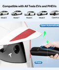 Hand using Level 2 EV Charger With 40A NACS, 25Ft Extension Cord, WiFi Smart App, 240V NEMA 14 50 Plug on Tesla Model 3