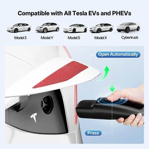 Hand using Level 2 EV Charger With 40A NACS, 25Ft Extension Cord, WiFi Smart App, 240V NEMA 14 50 Plug on Tesla Model 3