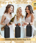 100 Pack Durable Black Paper Wine Carry Bags For Two Bottles Premium Gift Carriers With Free Labels at a holiday party.