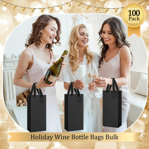 100 Pack Durable Black Paper Wine Carry Bags For Two Bottles Premium Gift Carriers With Free Labels at a holiday party.