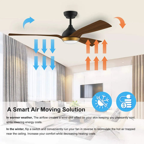 52 Inch Gold Boho Ceiling Fan With Dimmable LED Light, Quiet DC Motor in modern living room setting.