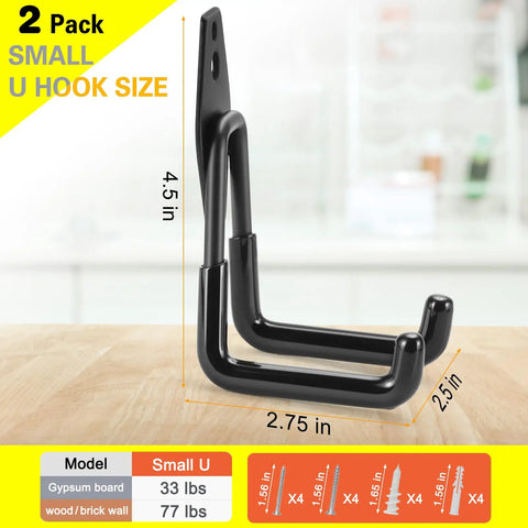 Beefy Heavy Duty Garage Hook Set 2 Pack Wall Mount Tool Hangers for ladders, ropes, hose, garden gear, and bulk items steel with anti rust coating and non slip PVC.