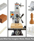 Built Tough Workhorse Benchtop Mini Milling Drilling Machine Featuring Brushless Motor And Precision Mill Drill Lathe Delivering 1100W Power R8 Spindle And Adjustable 50 To 2250 RPM Range For Home DIY Metal Wood Fabrication with various materials.