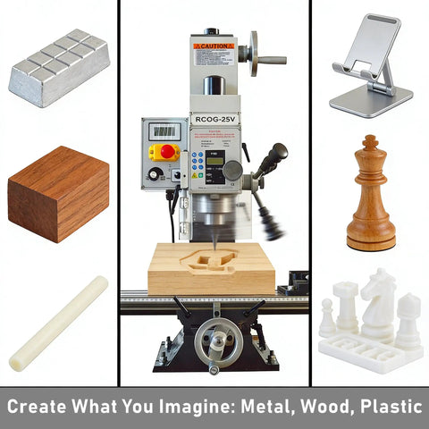 Built Tough Workhorse Benchtop Mini Milling Drilling Machine Featuring Brushless Motor And Precision Mill Drill Lathe Delivering 1100W Power R8 Spindle And Adjustable 50 To 2250 RPM Range For Home DIY Metal Wood Fabrication with various materials.