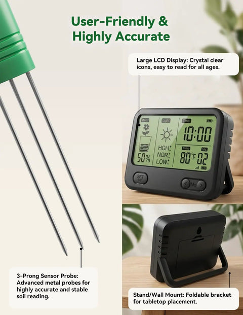 Wireless Soil Moisture Meter With LCD Receiver Pro Grade 3 Probe 3 In 1 Sensor For Moisture Temperature And Light Expandable To 12 Zones 230 Ft RF Range Waterproof Long Battery Life For Indoor Outdoor Plants And Gardens showing large LCD display and 3-prong sensor probe