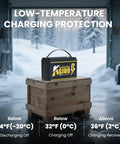 12V 100Ah LiFePO4 Battery with Built In 100A BMS Group 31 for trolling motors, snowy background, low-temperature charging protection