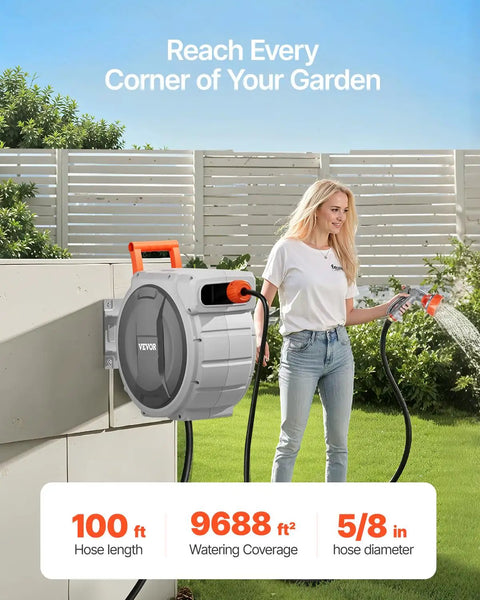 Woman using Retractable Garden Hose Reel Wall Mount 100 Ft Hose With Five Eighth Inch Diameter, Heavy Duty System in garden