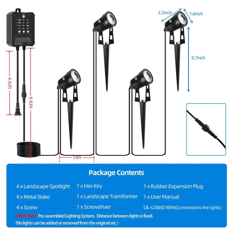 Diagram of No Fuss All In One Low Voltage Landscape Lighting Kit With 4 spotlights, stakes, and transformer for outdoor use.