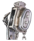 Close-up of Heavy Duty 304 Stainless Steel Hand Chain Hoist with sleek design and chain, effective for lifting up to 3 tons.