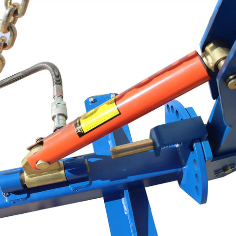 Close-up of 10 Ton Hydraulic Car Frame Corrector And Straightener Puller, illustrated by vibrant blue and orange components.