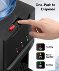 Hand using the control panel of a countertop water dispenser with three temperature settings and child safety lock, top load design.
