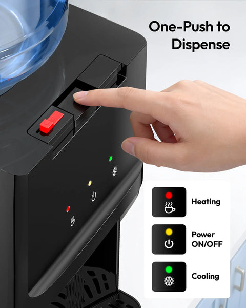 Hand using the control panel of a countertop water dispenser with three temperature settings and child safety lock, top load design.