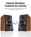 R2000DB Powered Bluetooth Bookshelf Speakers With Optical Input And 120 Watts RMS displayed in a wooden cabinet
