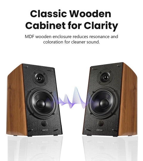 R2000DB Powered Bluetooth Bookshelf Speakers With Optical Input And 120 Watts RMS displayed in a wooden cabinet