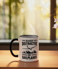 Glider Pilot Ceramic Mug For Sailplane Lovers Black And White, mountain graphics, 'Easily Distracted by Sailplanes' text design.