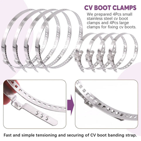 Heavy Duty Multi Purpose Hose Clip Pliers Kit With Small And Large CV Boot Clamps 9Pcs Pro Grade Stainless Steel Crimp Clamp Set For Most Cars ClicR Collar Pliers Adjustable Drive Shaft CV Boot Tool featuring stainless steel CV boot clamps.