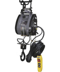 Bannon Compact Electric Cable Hoist 1100 Lb Capacity 95ft Lift with galvanized rope and yellow control switch.