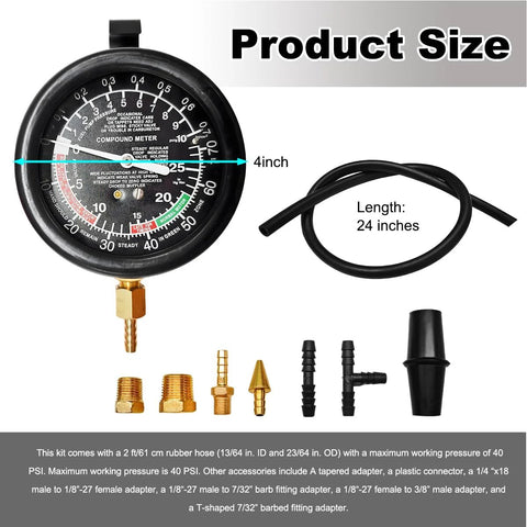 DXNQ fuel pump and vacuum tester gauge kit for automotive fuel system; 4-inch dial, 24-inch hose, brass adapters