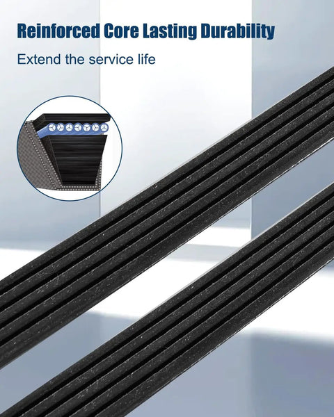 Reinforced black dual-sided engine drive belt for Volkswagen Jetta and Cadillac SRX, showcasing durability and design.
