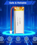 Hella Reliable 3.7V 1000mAh 102050 Lipo Rechargeable Battery Pack With Micro Jst 1.25mm Two Pin Lead, 10x20x50mm, designed for compact electronics.