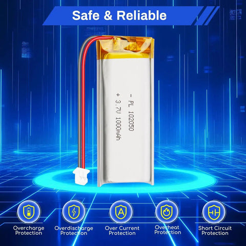 Hella Reliable 3.7V 1000mAh 102050 Lipo Rechargeable Battery Pack With Micro Jst 1.25mm Two Pin Lead, 10x20x50mm, designed for compact electronics.