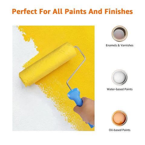 Microfiber Paint Roller Covers 9 Inch 3/8 Inch Nap 12 Pack Pro Grade For Smooth Walls And Ceilings Shed Resistant And Washable shown painting a wall