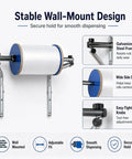 Pro Level Commercial Wall Mounted Foam Wrap Roll Dispenser For Heavy Shipping Packing And Moving With Ridiculously Strong Galvanized Steel Film Rack mounted on wall showing galvanized steel frame and wide side discs.