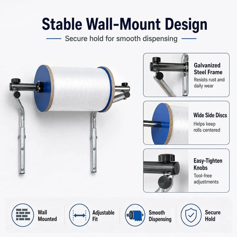 Pro Level Commercial Wall Mounted Foam Wrap Roll Dispenser For Heavy Shipping Packing And Moving With Ridiculously Strong Galvanized Steel Film Rack mounted on wall showing galvanized steel frame and wide side discs.