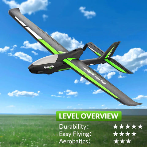 Easy To Fly 4CH RC Plane With 6 Axis Gyro For Beginners And Adults, Ranger600 Stunt Glider in flight over grassy field
