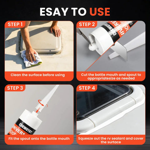 Step-by-step guide for Four Pack Top Shelf Waterproof RV Roof Sealant High Flow Self Leveling Camper Adhesive application process.