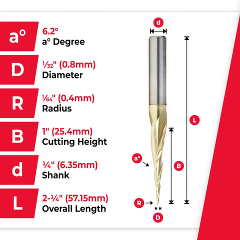 Up Cut Spiral CNC Router Bits For 2D 3D Carving ZrN Coated 46280 S Ball Tip dimensions illustration and measurements.